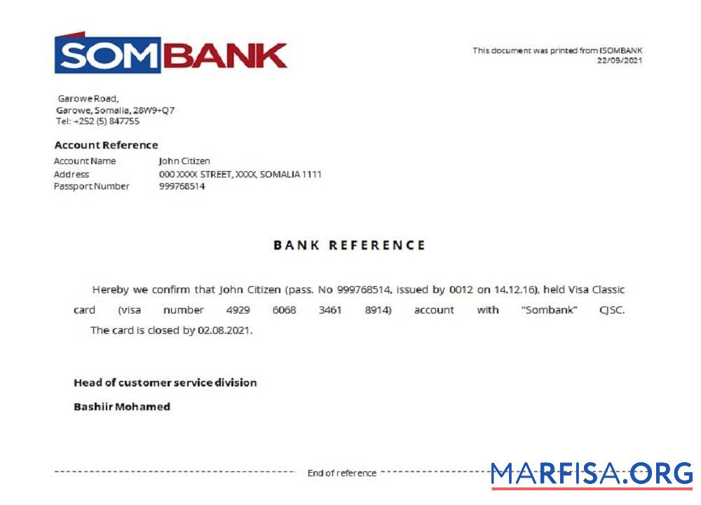 Printable Somalia Sombank closure reference real example
